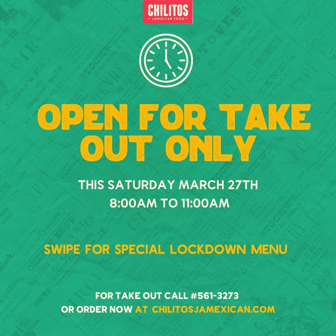 chilitosmexican's tweet photo. This name #LastChanceChilitos! We will be open on Saturday, March 27 from 8AM to 11AM for TAKEOUT ONLY with a limited #LockdownMenu
#ChilitosJaMexican for Breakfast anyone? ☀️ https://t.co/Lm1EiXpnnn