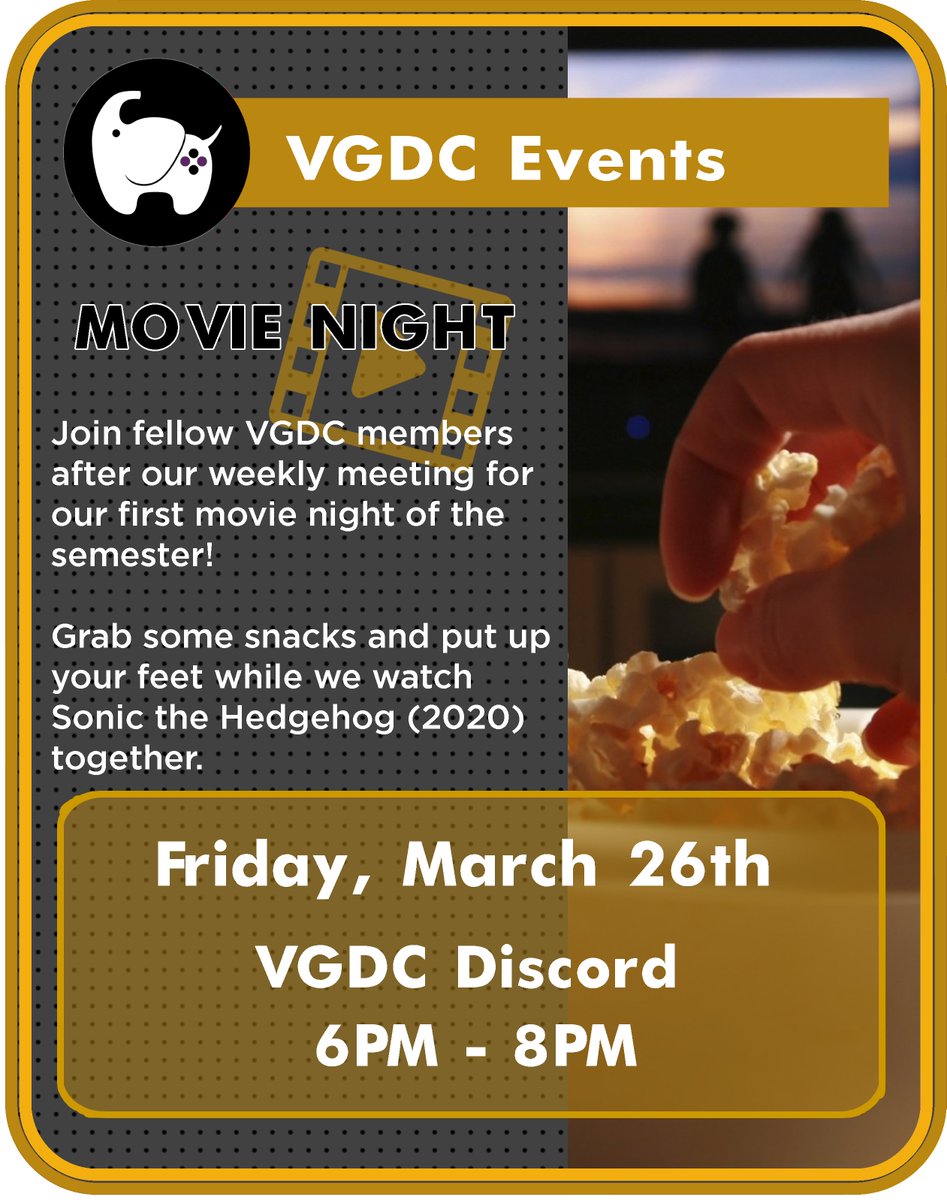 We will be having our Movie Night to kick off the Spring Break TONIGHT starting at 6 PM after our game lab meeting + music workshop. 
It was an overwhelming response for Sonic the Hedgehog (2020) so come relax with us for our first movie night this semester over on Discord! https://t.co/BD0YQWnKq8