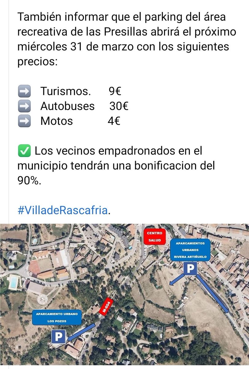Estos serán los precios de los aparcamientos regulados en la Villa de Rascafría