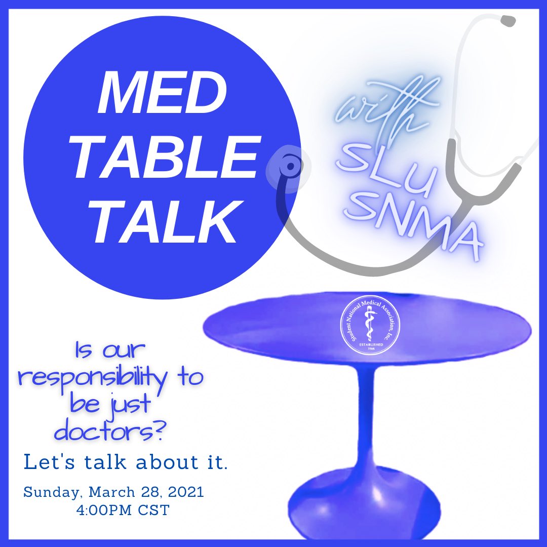Join us this Sunday, March 28th for this month’s #MedTableTalk! 

What do y’all think? As URMs is it our job to take care of our underserved communities or is it okay to just treat our patients? 🤔 Hope to see you there!