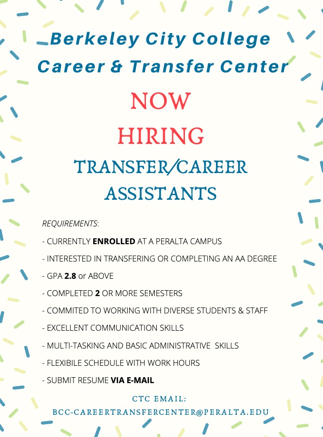 BCC_CTC's tweet photo. Hello all, the Career and Transfer Center is now hiring! Please view the attached image for information on how to apply, and send any questions you have to bcc-careertransfercenter@peralta.edu https://t.co/4Zpd1rQPqK