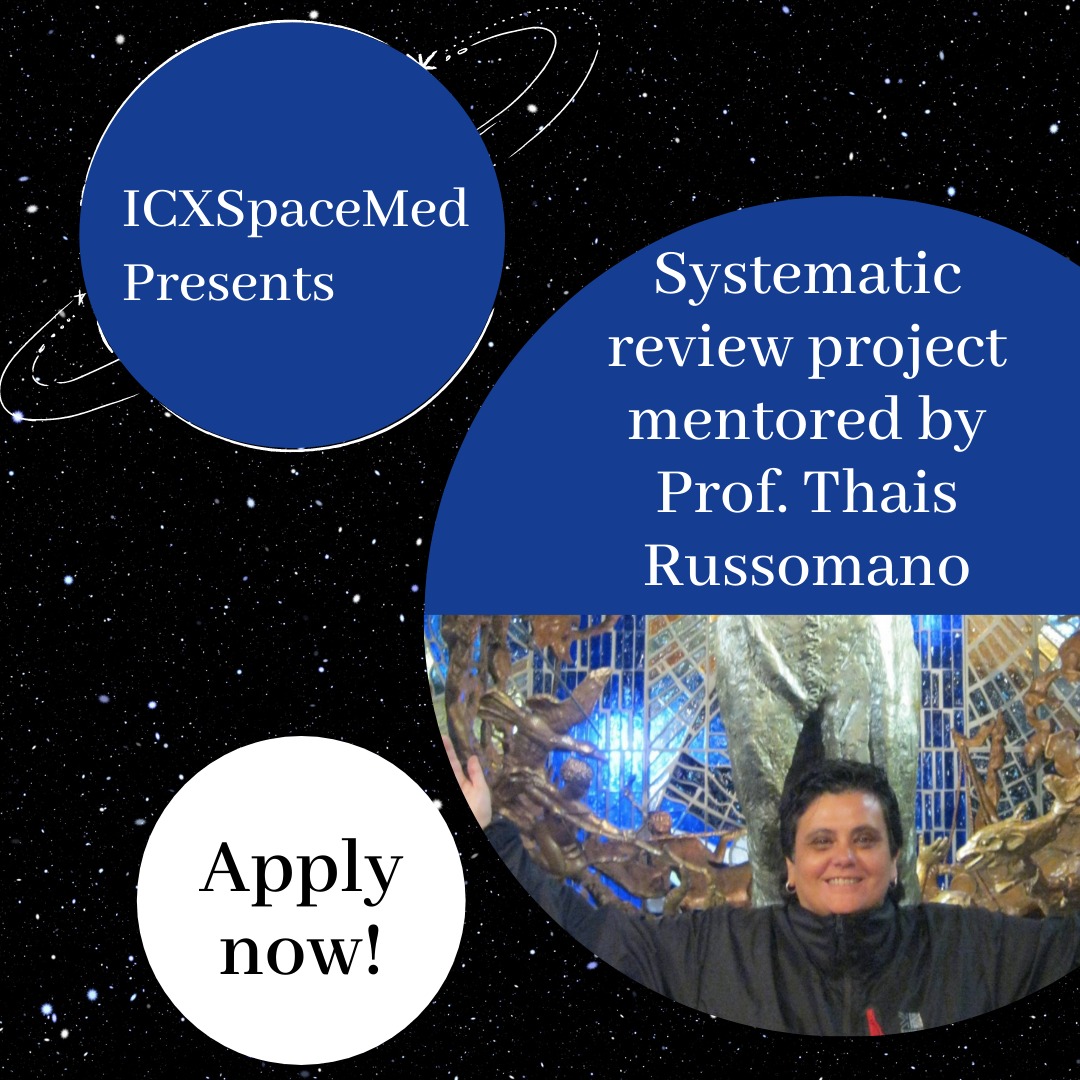 ICXSpaceMed's tweet photo. Are you interested in space medicine and would like to participate in a systematic review project, join us in our Publication Project mentored by Professor Thais Russomano!
Application closes on 2nd April 23:59 GMT.  
Link: https://t.co/C8BiBZ2VZK https://t.co/yVB2c8qBEU