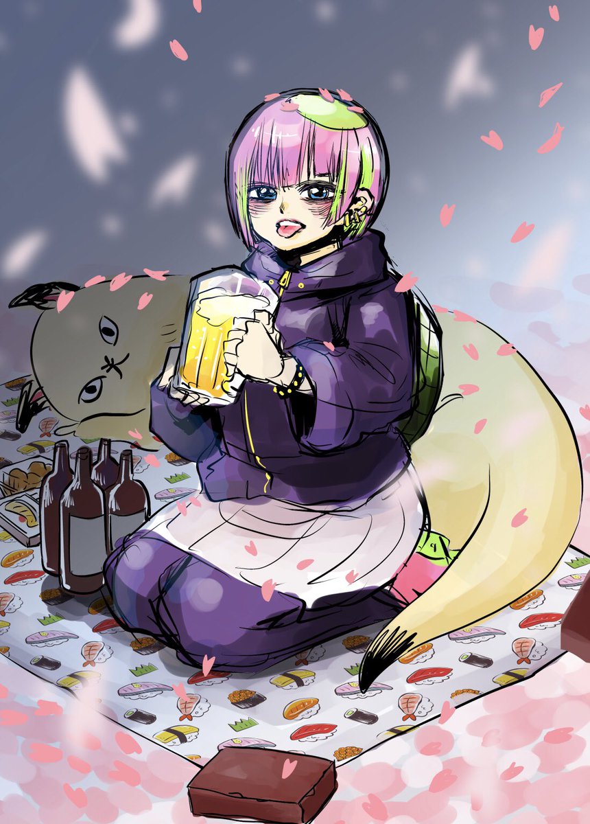 1girl cup alcohol sitting seiza holding cup pink hair  illustration images