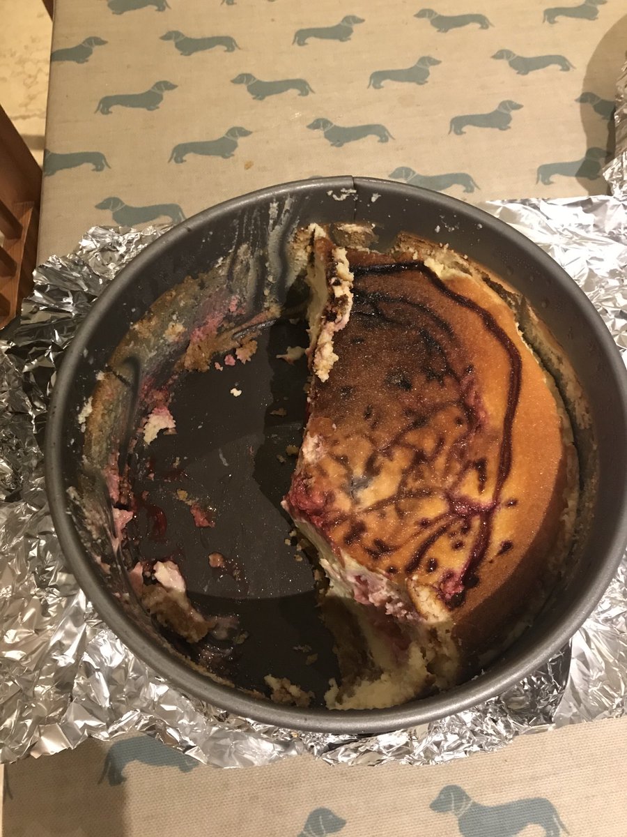 vickidrummond2's tweet photo. Cheesecake going down very well in the Drummond house today....here is a pic of progress so far! ⁦@DavidJCharl⁩ ⁦@EmmaNunez15⁩ https://t.co/iBC3pLFijZ