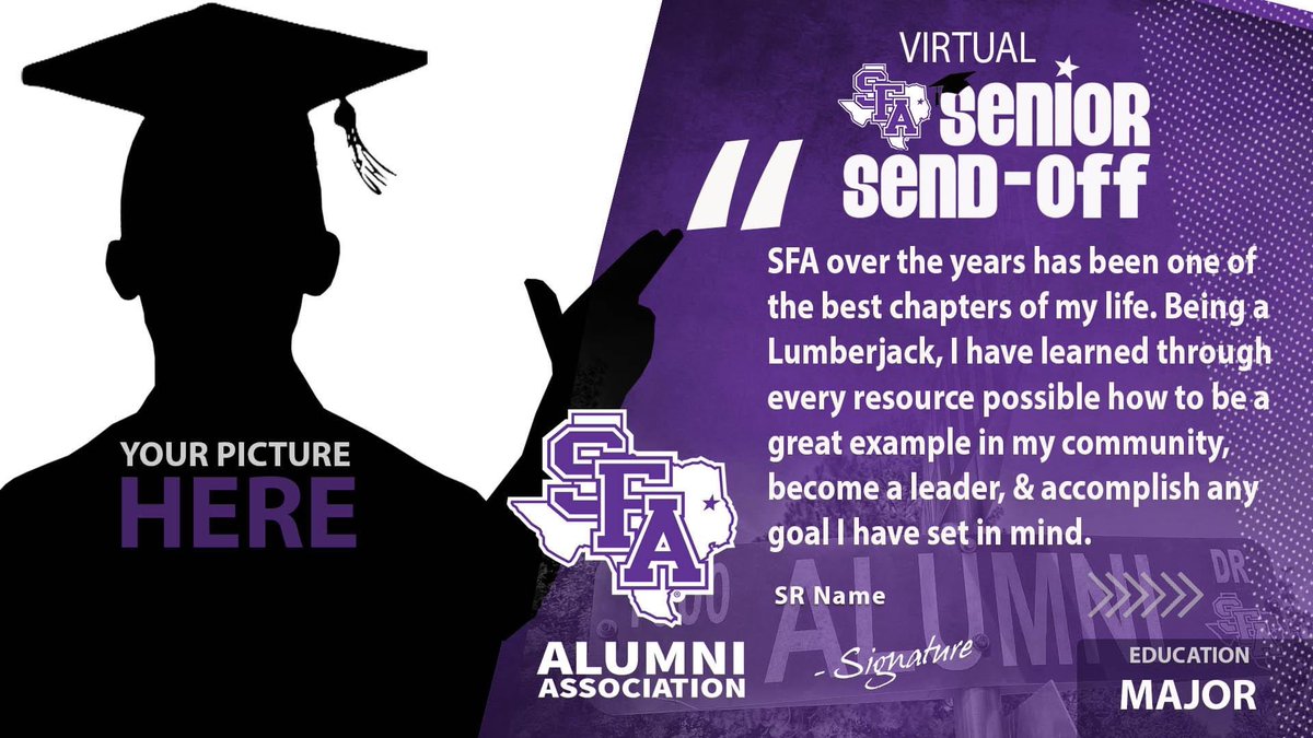 Seniors! It's almost time! 

The Big Dip returns on April 30 and our Senior Send-Off is in May. Send us your Senior pics, along with your name, major, and a quick quote on your favorite SFA memory and what SFA has meant to you. 

Email us at alumni@sfasu.edu your information.