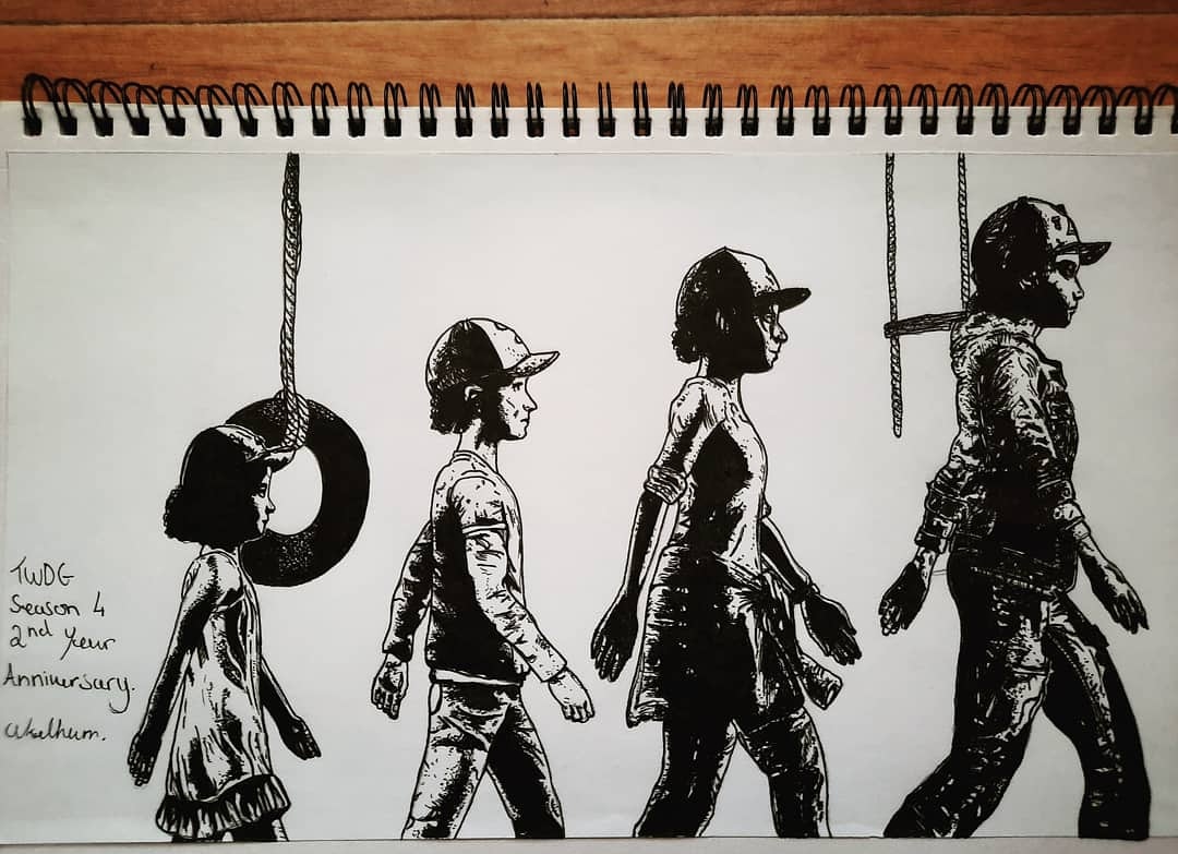 TheBlackbird50's tweet photo. Happy Anniversary of Season 4, episode 4 of TWDG. Ended 2 years ago today with Take Us Back ! To celebrate here is the evolution of Clementine 1-4 . #stillnotbitten https://t.co/omHFHuRSBK