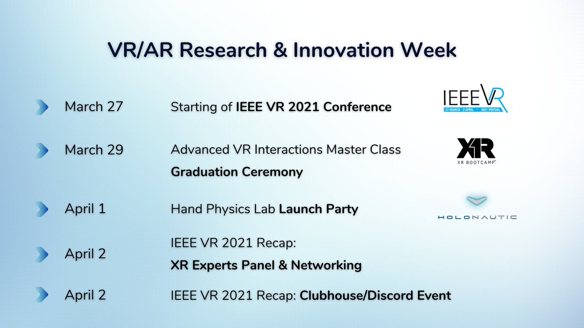 XR_Bootcamp's tweet photo. Join the VR/AR Innovation and Research Week - a must for all XR devs and innovators!
Learn more about #Locomotion, Sonic Interactions, Distributed Interactive Systems, #SpatialComputing, #VRInteractions & Physics, Input Devices, Hand Tracking
More info: https://t.co/yvY3Owqr4z https://t.co/JMoedyMgtm