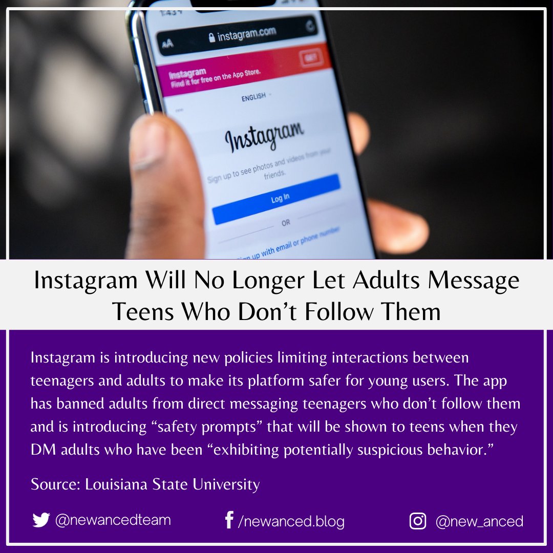sciencenstuf's tweet photo. Instagram Will No Longer Let Adults Message Teens Who Don’t Follow Them

Source: The Verge

📷 Solen Feyissa on Unsplash

#tech #instagram #teenagers #adults #policies #safetyprompts #suspiciousbehavior #messaging #youngusers #theverge

https://t.co/mrrE6hncMJ https://t.co/lVuAz3kOlP