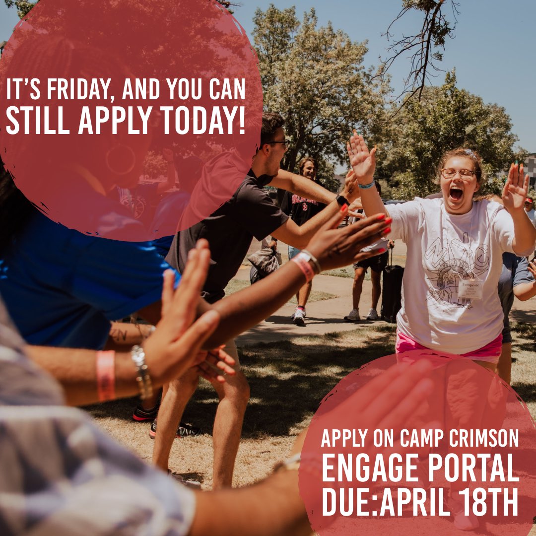 Happy Friday! We can’t wait to welcome you to the Camp Crimson team! 

Click on the link to apply:
ou.campuslabs.com/engage/submitt…