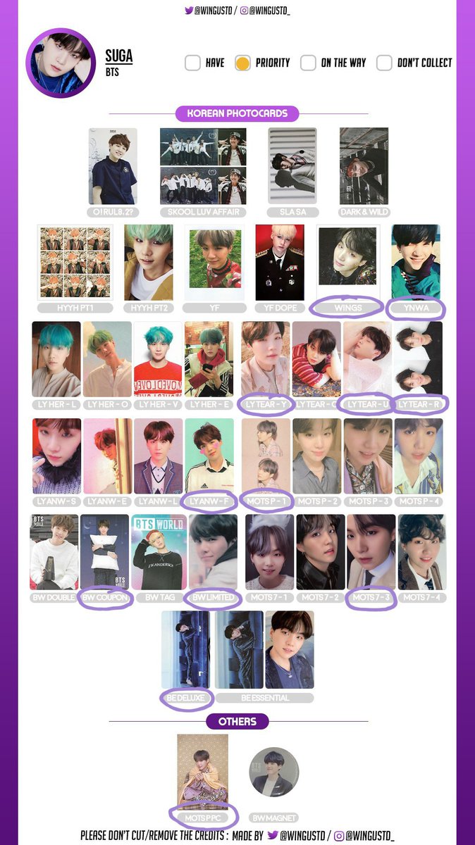 honeyofbts's tweet photo. wtb/lfs

Hello! I'm looking for Yoongi/SUGA photocards. Hope you can help this baby army out! I'm just starting to collect pcs~ If you have any of these, please DM me. Thank youuu so much! :)

#bts #yoongi #suga #agustd #kpop #photocard #btspapels #btsphotocard #btspoca https://t.co/Z80jvlejt0