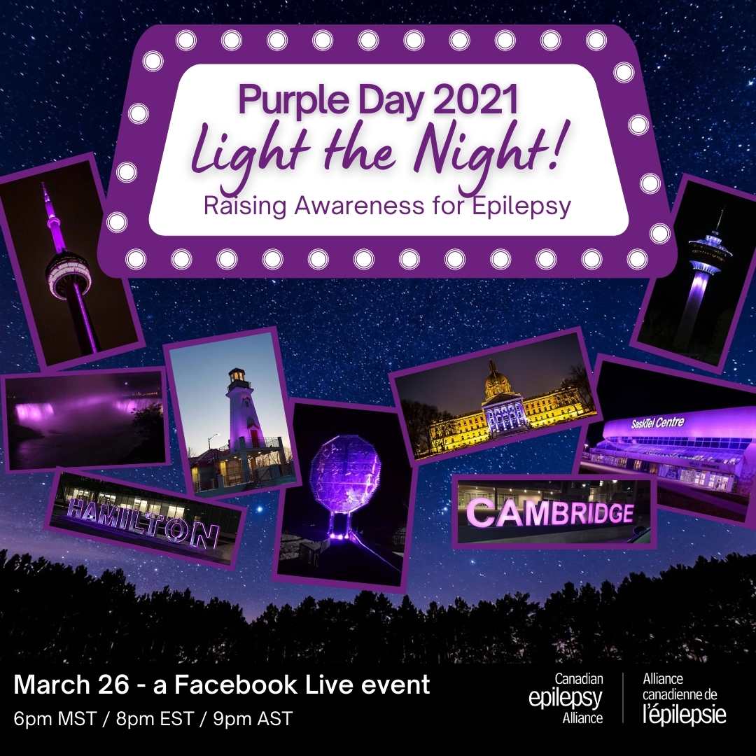 We are 3.5 hours away from watching landmarks across Canada  being lit up in purple and Canadian Epilepsy Alliance is capturing it live on their page for a special Facebook Live event at 8:00PM EST Don't forget to like and share it out to your friends! #purpleday2021