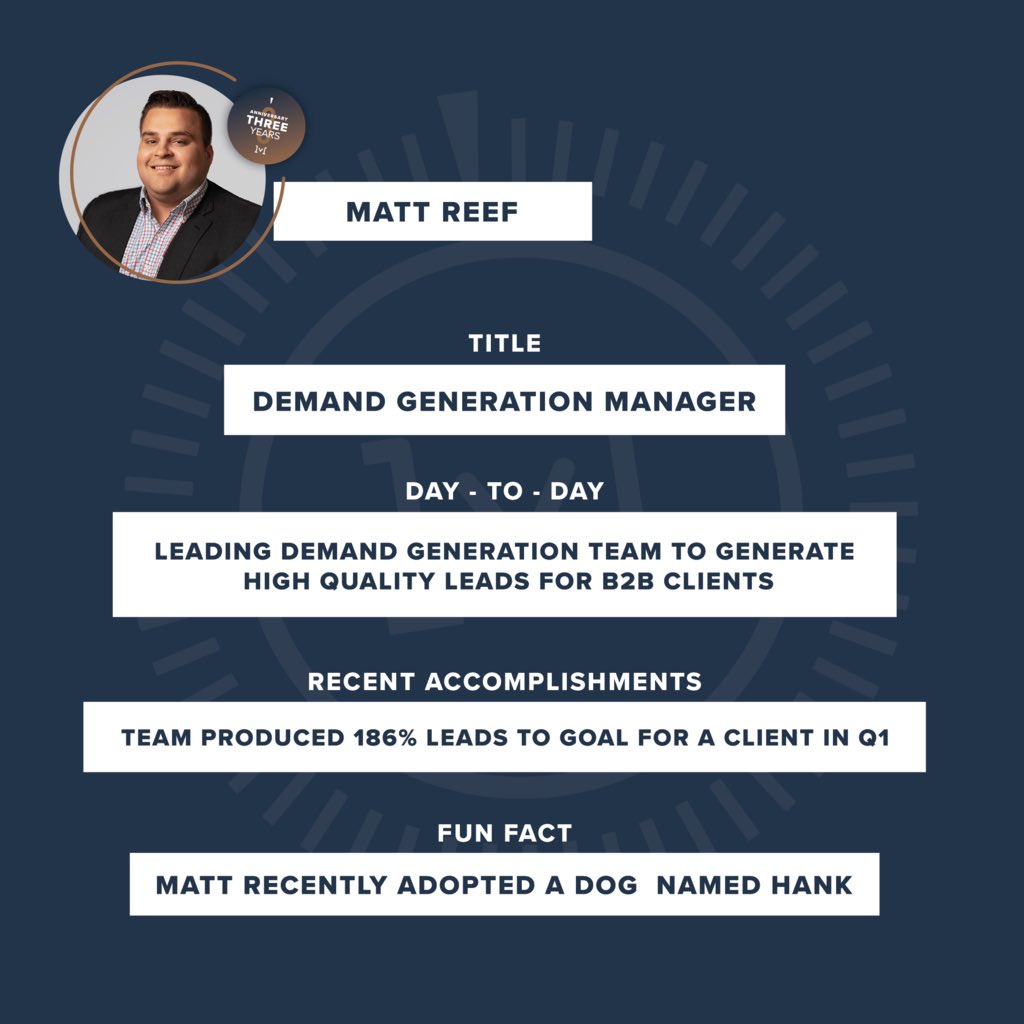 valveandmeter's tweet photo. 3️⃣🎉 Three years is a big deal around here. Today we're celebrating Matt Reef's 3 year anniversary with V+M! Thanks for serving the outreach team and generating transformational results for our clients, Matt! 

#workanniversary #threeyears #valveandmeter #performancemarketing https://t.co/yWJF5vsyk3