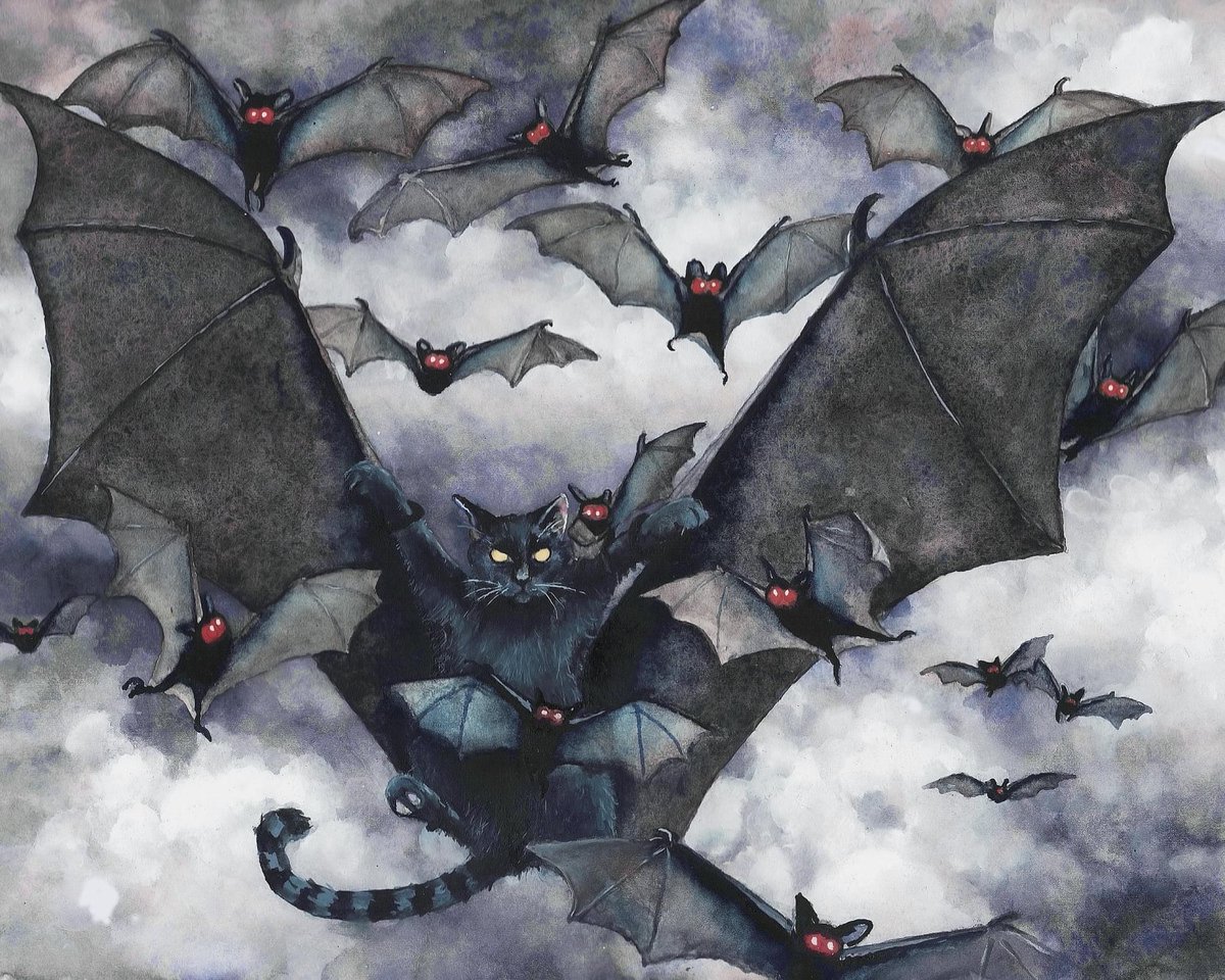 I've painted my cat in a hat flown by bats and as a battycat with real wings, this piece was inbetween those; learning to fly with fake wings while being helped  by the bats that used to tote her around. No idea how she got from  fake  to real wings, she's tricksy like that😂