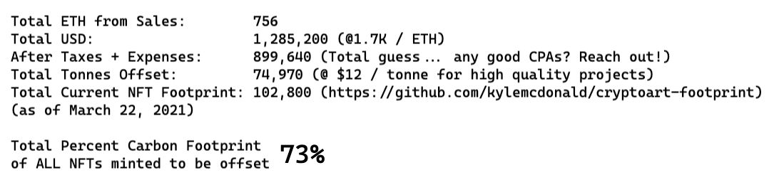 OffsetsGallery's tweet photo. Just did back of the napkin (non binding) calculations on the potential impact of https://t.co/3KCDJKDpEH and was stunned. If we sell all pieces we offset 73% of ALL NFTs minted on major platforms. FLOORED. And this is just Set no 01! Let's make it happen!! RT and spread the word https://t.co/WMn4S262IF