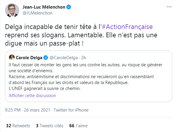 JeunesRadicauxG's tweet photo. L'abjection de Jean-Luc Melenchon n'a plus de limite. Plutôt que de soutenir @CaroleDelga, une élue qui tient tête au quotidien à l'extrême-droite, il préfère lui reprocher de défendre l'idéal républicain que lui même a trahi ! #Universalime #Republique https://t.co/iFXz3oHzNa