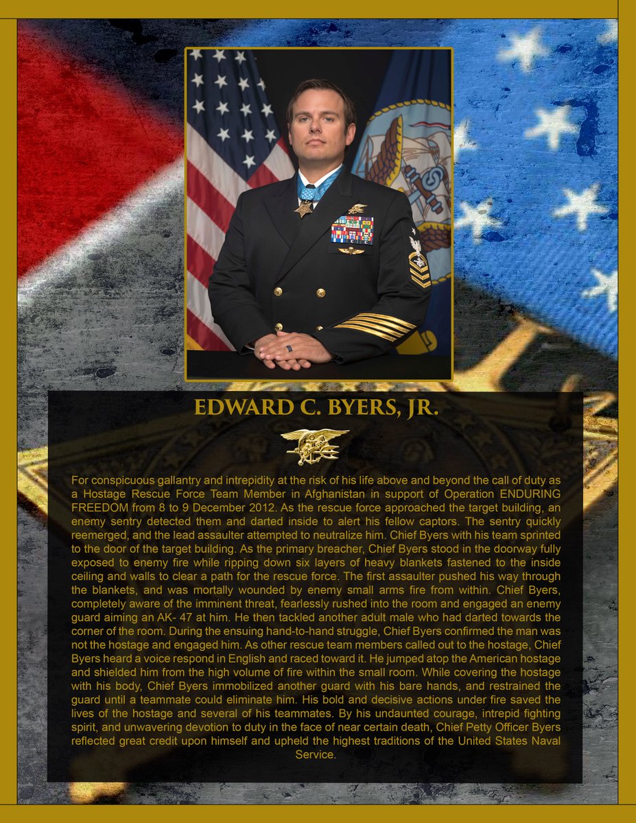 This week we’ve honored NSW recipients of our nation’s highest military decoration, the #MedalOfHonor.
Today we recognize #USNavy SOCM (ret.) Ed Byers who received the #MOH for actions in Afghanistan in 2012. #Grit #Courage #Service 

Citation: cmohs.org/recipients/edw…