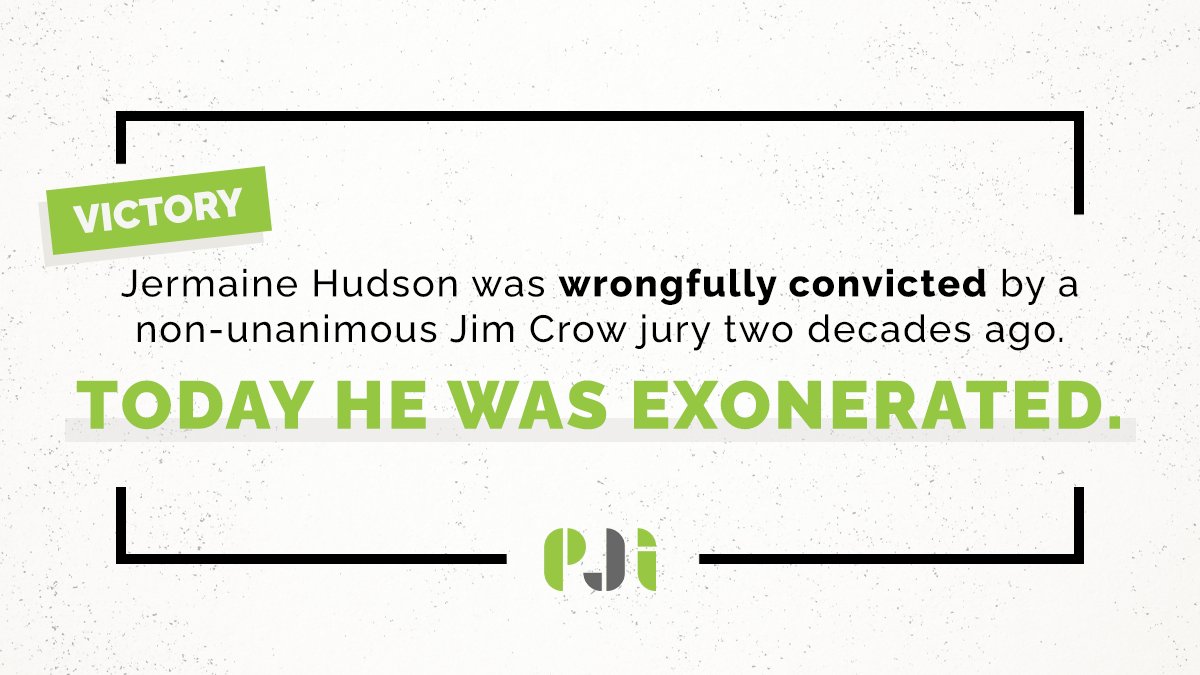 Jermaine Hudson was wrongly convicted by a 10-2 jury. The 2 dissenting jurors were silenced and he spent 22 years in prison on a 99-year sentence. Today he is free. promiseofjustice.org/news/promise-o… #EndJimCrowJuries #JusticeNotJimCrow