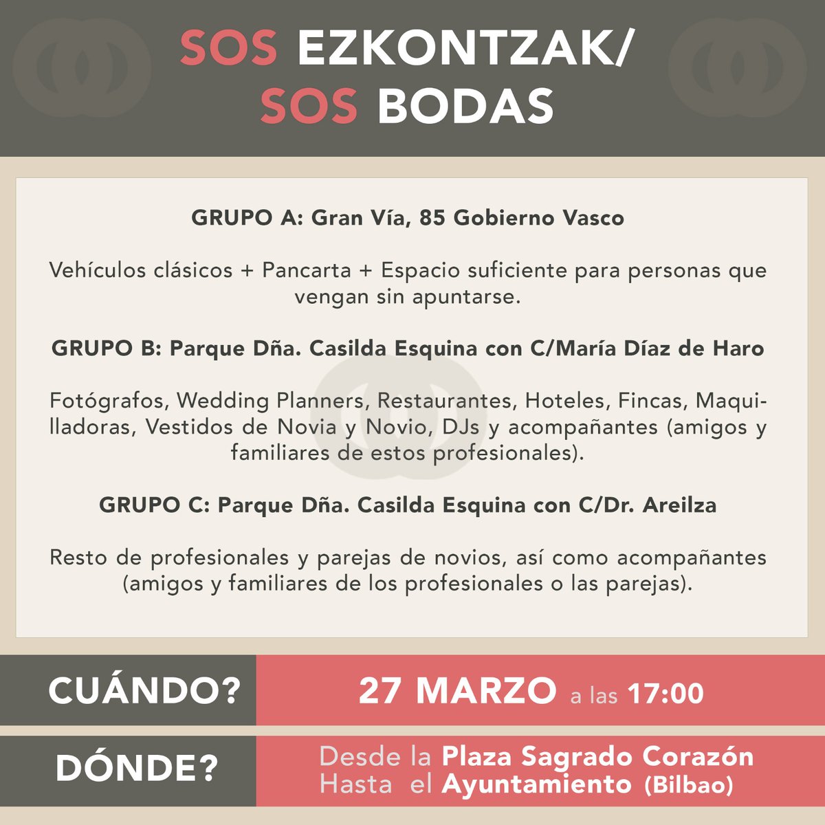 eheseasnpv's tweet photo. PUNTOS DE ENCUENTRO #27MSOSBODAS #sosbodas #sosezkontzak #ezkontzaziurrak #bodasresponsables #salvemoslasbodas
#manifestaciónporlasbodas #primeramanifestaciónsectornupcialvasco
#lasbodasnosunen https://t.co/o89FqXNefa
