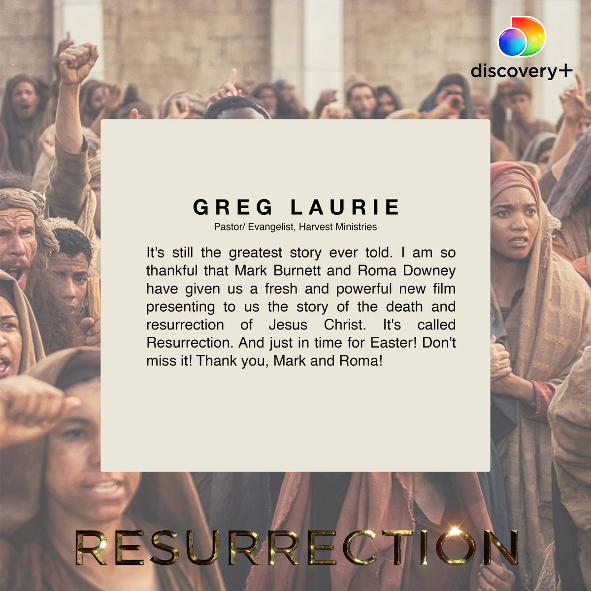 resurrectionmov's tweet photo. A fresh and powerful telling of the greatest story ever told. See what @greglaurie is saying about Resurrection.

Watch Resurrection on @discoveryplus. Now streaming. Visit https://t.co/WT8NnCJz7a to subscribe and start watching. #resurrection (Terms Apply) https://t.co/dMcgL4PcIh