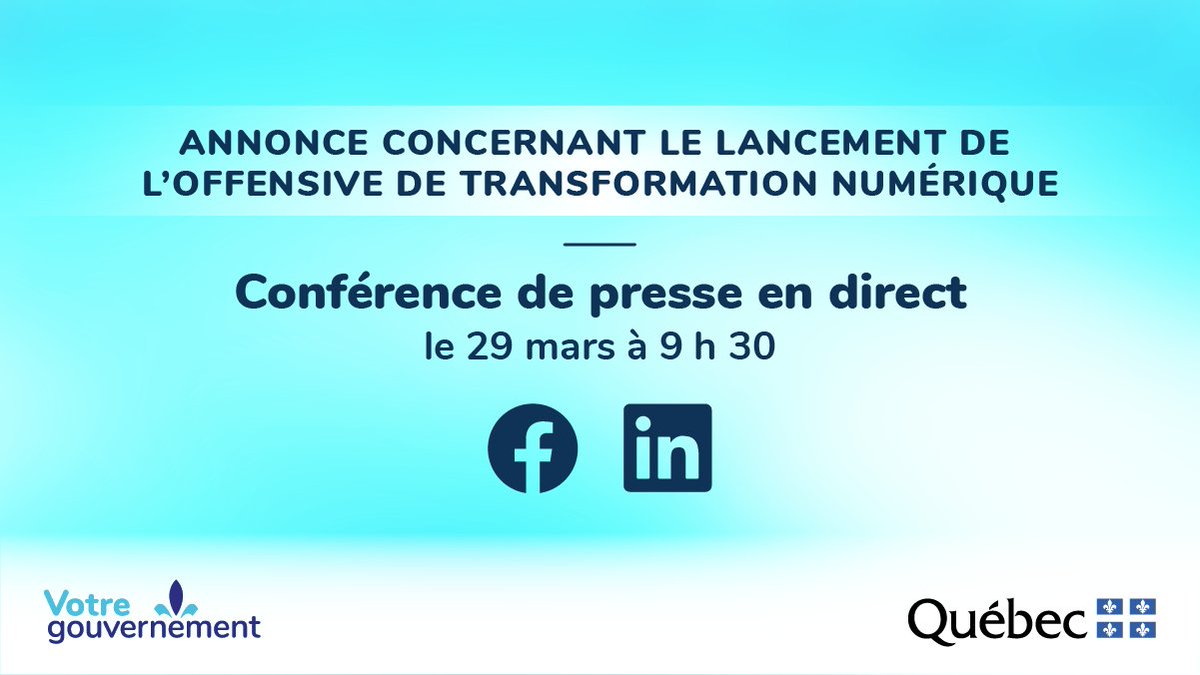 Assistez à la conférence de presse sur l’Offensive de transformation numérique! 

C’est un rendez-vous! 
EconomieQc sur Facebook + LinkedIn 
#OffensiveNumériqueQc