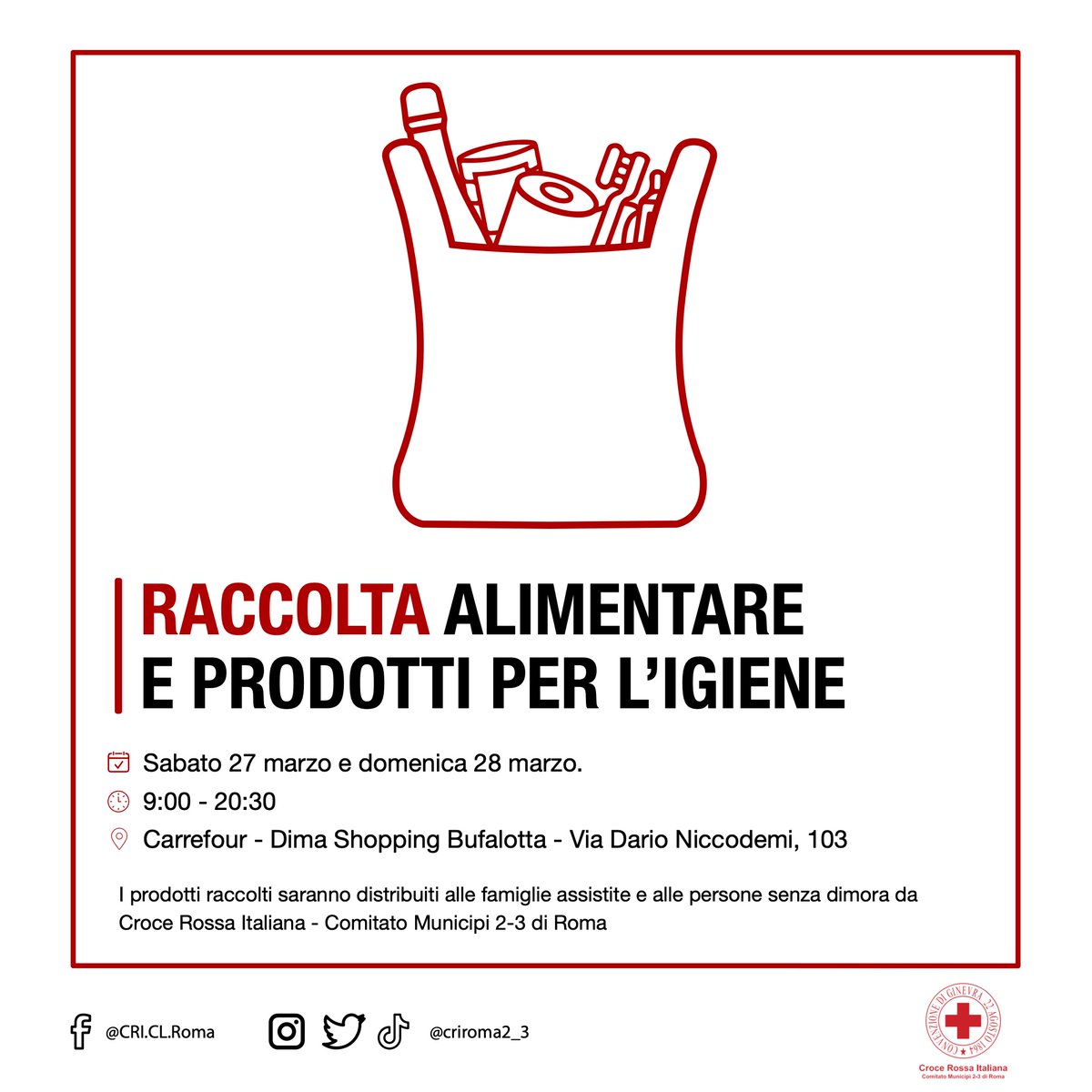 🗓Questo weekend vi aspettiamo con la raccolta alimentare presso il <a href="/Carrefour/">Carrefour</a> del Centro Commerciale Bufalotta di via Dario Niccodemi, 103, dalle 09:00 alle 20:30.
#CroceRossaItaliana #criroma2_3 #UnItaliaCheAiuta #DimaShoppingBufalotta