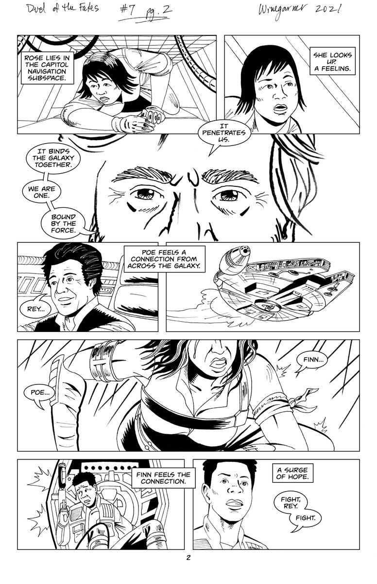 AndyWinegarner's tweet photo. A surge of hope! Luke's lines "We are one, bound by the Force" are so amazing! Reading this scenes gives me chills. Would've been so amazing to see onscreen. Page 2 of iss 7 of my #webcomic adapt. of .@colintrevorrow &amp; .@connollyderek's #StarWars Duel of the Fates. https://t.co/ZOoCvPTzky