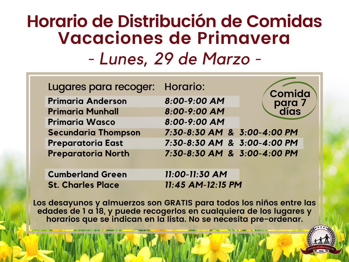🍎 Spring Break Meal Distribution Schedule
- Monday, March 29 -
🍏 Horario de Distribución de Comidas durante las Vacaciones de Primavera
- Lunes, 29 de Marzo -