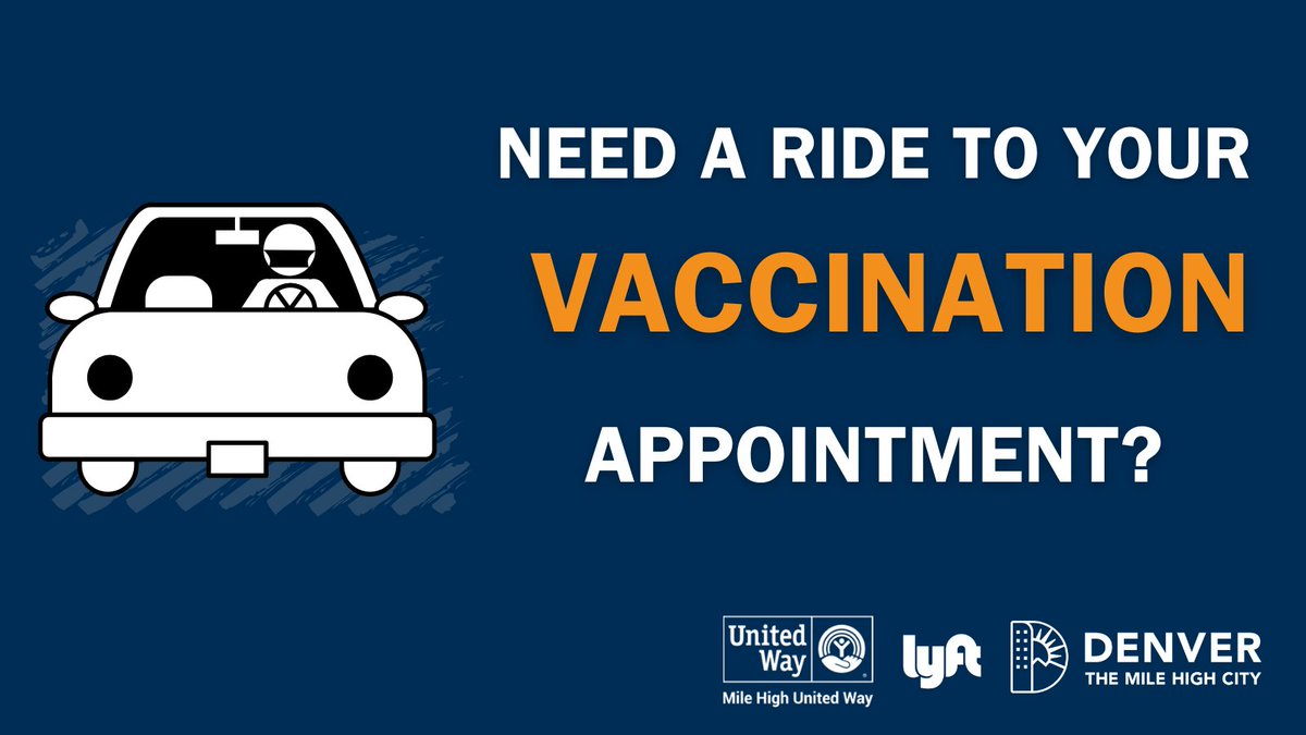 CityofDenver's tweet photo. Are you eligible for a #COVID19 vaccine, have an appt, but can’t get there? Call @unitedwaydenver’s 211 help center! This free, multilingual, confidential community resource is providing residents with transportation to non-emergency appts thru @lyft. More https://t.co/urq7nvUiTy https://t.co/4KjkFlYVYK