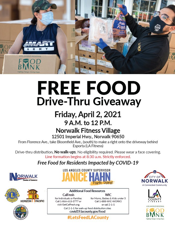 CityofNorwalkCA's tweet photo. Join us on Fri, April 2 for a Free Drive-Thru Food Distribution in the Norwalk Fitness Village parking lot. No eligibility required. Attendees must drive-thru (no walk-ups) &amp; wear a face covering. ⁠See flyer for details.
⁠
Thank you to @SupJaniceHahn for sponsoring this event! https://t.co/3Q7QLzzNyO