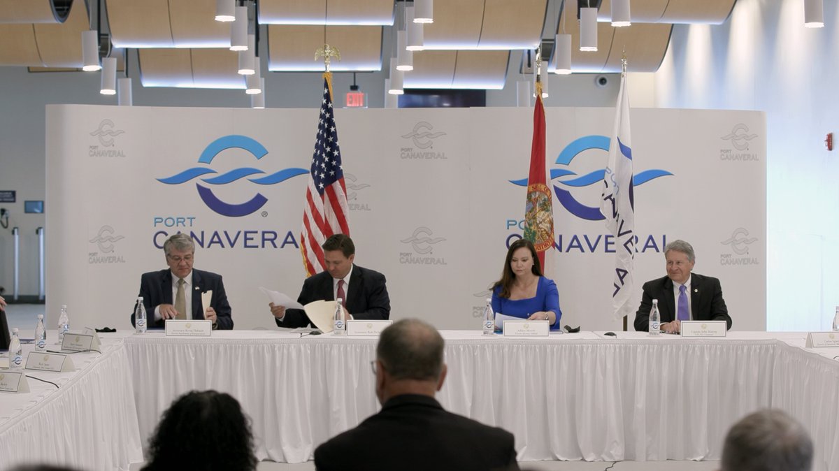 PortCanaveral's tweet photo. Thank you @GovRonDeSantis, @AGAshleyMoody, @FDOT_Secretary Kevin Thibault and all of our cruise partners for joining us today at Port Canaveral. Compelling stories were shared and we look forward to the return to cruising.
#floridaseaports #returntocruising #seaportstrong https://t.co/kxHbKBHgDy