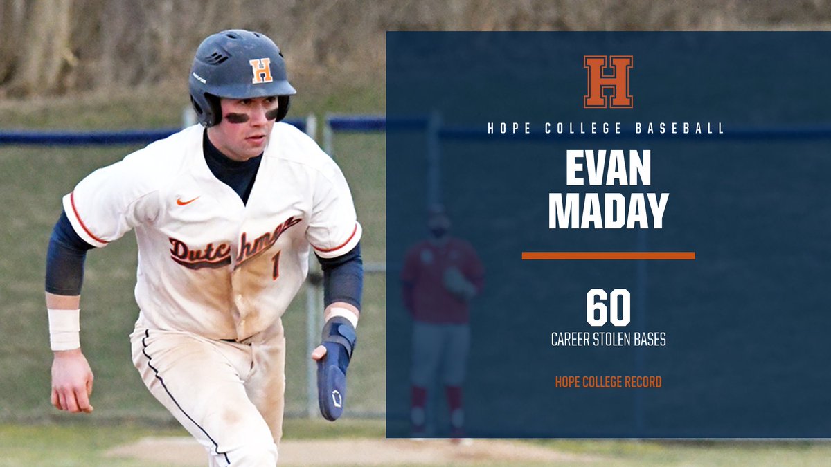 HopeCollegeBSB's tweet photo. Evan Maday has set the @hopecollege career stolen bases record. The senior centerfield has four stolen so far during today's doubleheader and 60 for his career. Maday passed the previous record of 58 held by Mitch VanPutten '85. #BeStrongBeTrue #d3baseball https://t.co/KTqUKiwFxU