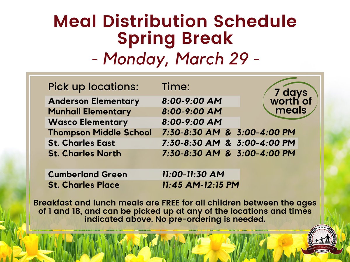 ThompsonD303's tweet photo. 🍎 Spring Break Meal Distribution Schedule
- Monday, March 29 -
🍏 Horario de Distribución de Comidas durante las Vacaciones de Primavera
- Lunes, 29 de Marzo - https://t.co/29517ELPeI