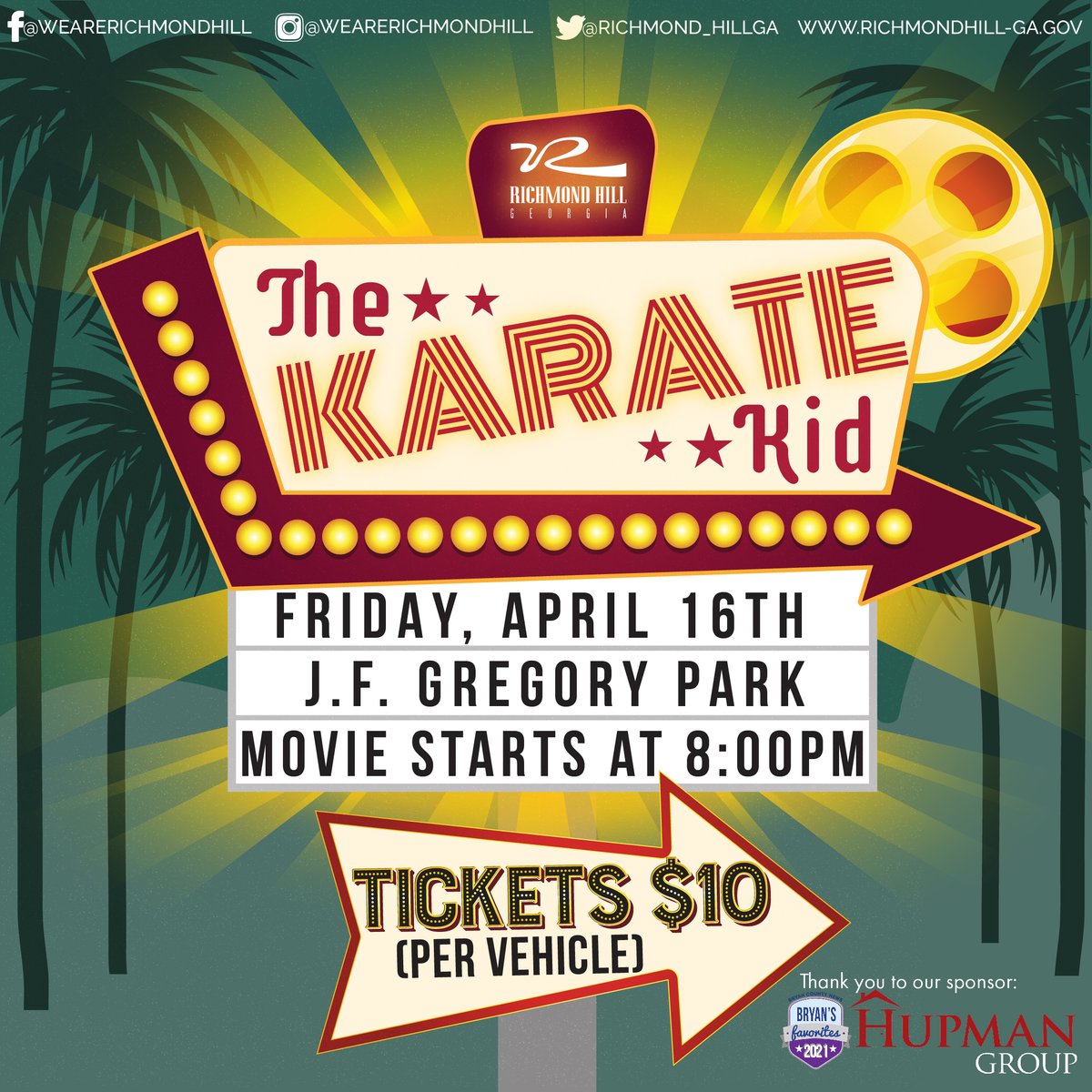 Richmond_HillGA's tweet photo. ICYMI: The Karate Kid has been moved to April 16, 2021. The movie will begin at 8pm with the gates opening an hour prior.  We hope to see you there!

For those who received an email stating that the event was tonight, please disregard! We are terribly sorry for the confusion. https://t.co/3NhErCfKoa