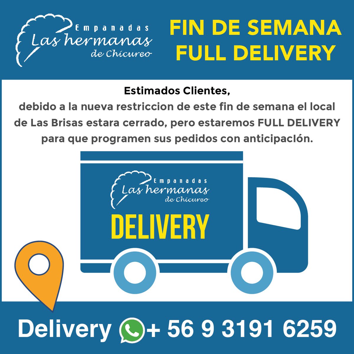 revistavds's tweet photo. ¡Atención! Las Hermanas de Chicureo FULL DELIVERY este fin de semana.
#datoVDS #VDSMagazine #empanadasdemechada https://t.co/3Z7JGOFSRR