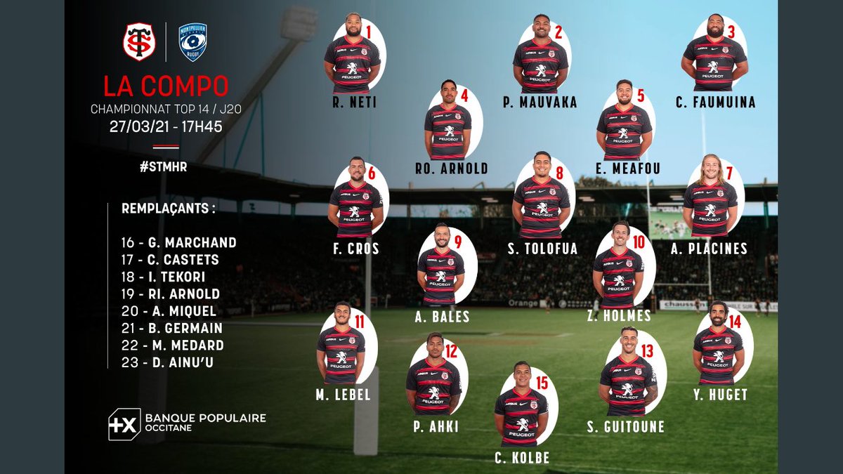 compotop14's tweet photo. Voici les compositions du @StadeToulousain vs @MHR_officiel pour demain #rugby #top14 #STMHR https://t.co/FKxOlRe6SM
