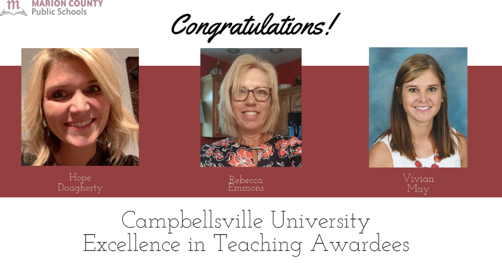 MCPS_KY's tweet photo. Congratulations to Hope Dougherty, Rebecca Emmons, and Vivian May who are this year's Campbellsville University Excellence in Teaching awardees from MCPS! https://t.co/d7IadsO6Kr