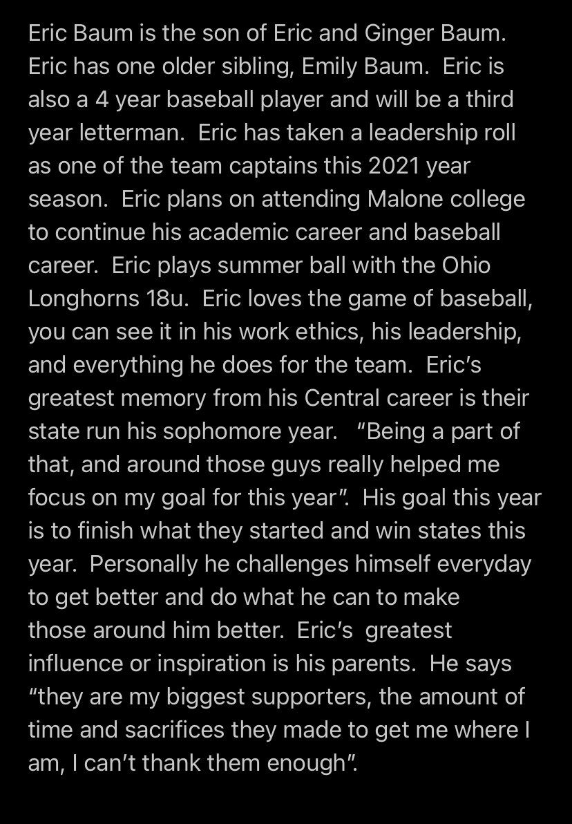 Tonight we would like to showcase another 2021 senior.  <a href="/Ebaum34/">Eric Baum</a> has been a part of the 2019 state run team, a 3 year letterman and a 2021 captain.  Take a minute to learn about him.