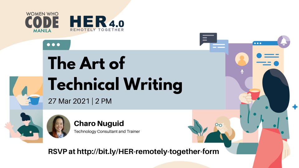 WWCodeManila's tweet photo. Happening today at 2 PM is our Her 4.0 | Remotely Together Mini Event led by Charo Nuguid. Join us ๐ https://t.co/SbfMpvGYf6 on topic, The Art of Technical Writing.
#Her4Point0 #RemotelyTogether #WomenWhoCode #WWCodeManila #FilipinasInTech #TechnicalWriting https://t.co/ndHru1Xeb5