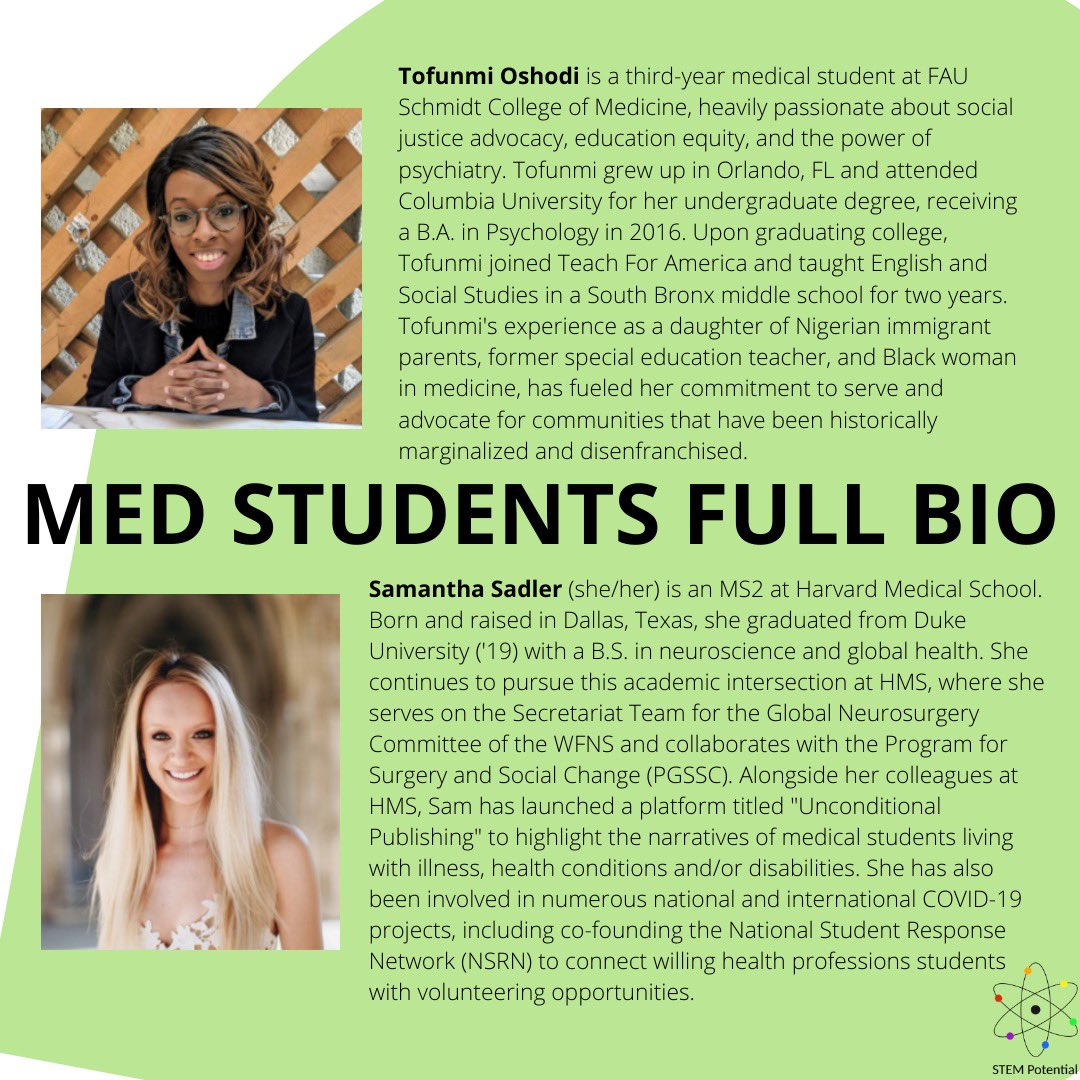 STEMPotential's tweet image. We are super excited for the career professionals to speak tomorrow! On Sunday, 3/28, we will have several panels of students. Here are their bios!! See you at the event!! #stempotential #WomensHistoryMonth