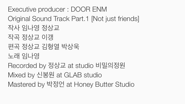 only_Nayoung95's tweet photo. #TwentyHacker OST Part. 1 [Not just friends] - credit

Lyrics: #LimNayoung, Jung Sang Kyo
Music compose: Jung Sang Kyo, Lee Geng
Arrangement: Jung Sang Kyo, Kim Hyung Yeol, Park Sang Wook
Singer: #LimNayoung 

#Nayoung #임나영 #나영 #Juhee https://t.co/WylsrsxAlw