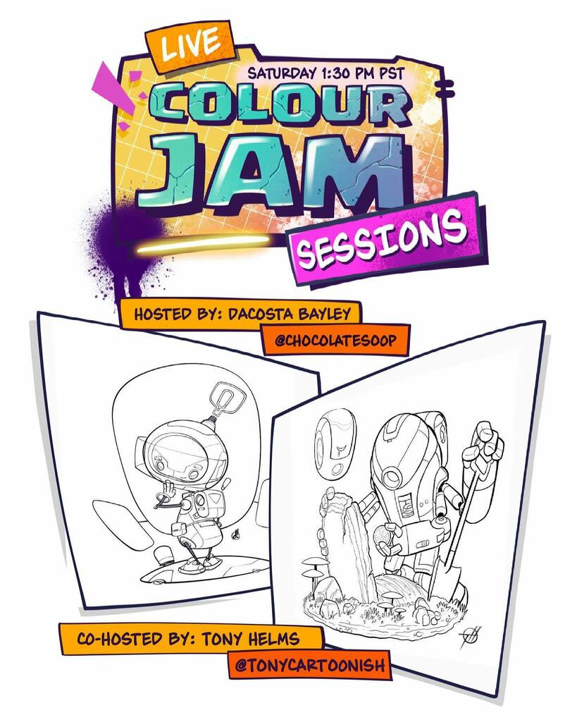 Colour Jam Sessions 16_2021 - Saturday 27th 1:30 PST Join us for another session. Hosted by me DaCosta Bayley aka <a href="/chocolatesoop/">DaCosta Bayley</a> with co-host Tony Helms aka <a href="/tonycartoonish/">Tony Helms</a> Drop in, hang out, ask questions and colour along. Because colouring is better wi… instagr.am/p/CM53J3yDSZg/