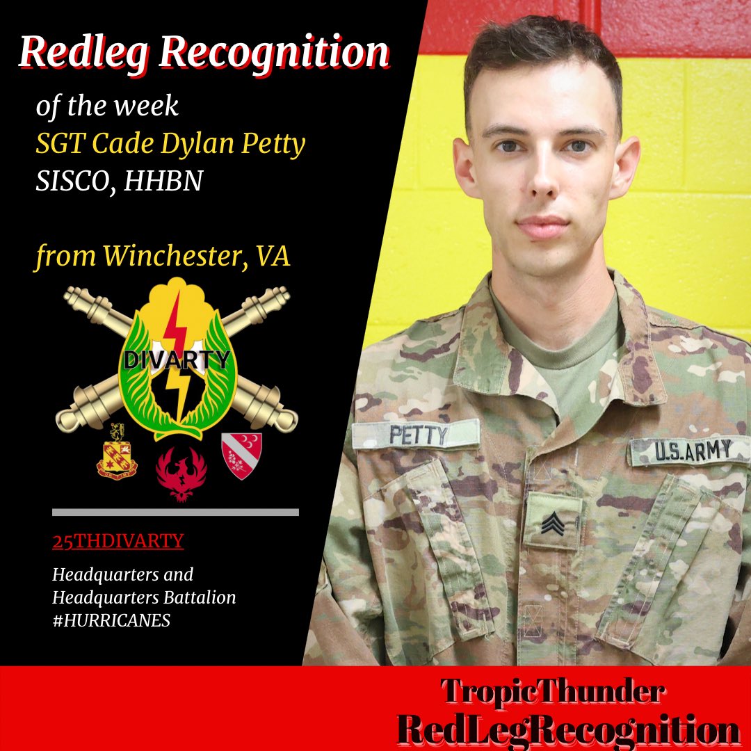 25thDivarty's tweet photo. #RedLegRecognition 💥
This week we recognize HHBN’s Soldier of the Month SGT (P) Cade Dylan Petty (25N), 1st Section Squad Leader for TAC platoon, SISCO, Headquarters and Headquarters Battalion. https://t.co/RmrUL9us3n @25thIDCG @25thID https://t.co/m9y1HFkj97