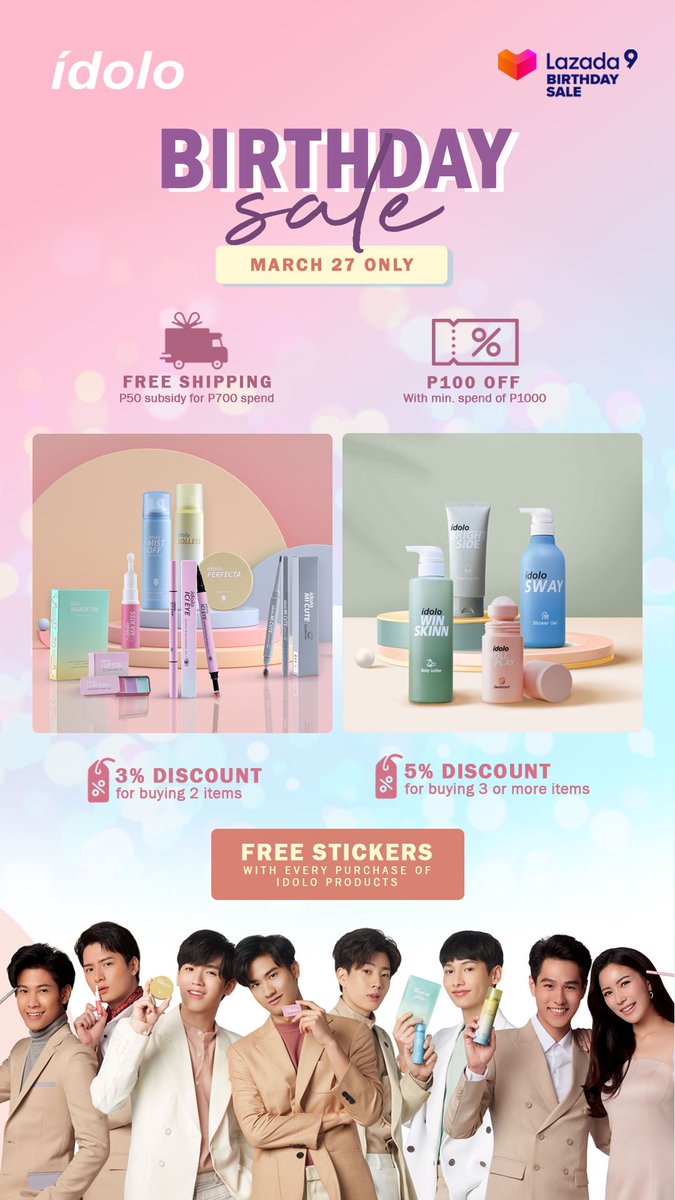 MistinePh's tweet photo. 📣 Celebrate Lazada’s birthday sale with Mistine. ✨ Get up to 40% OFF + FREE idolo stickers FREE idolo stickers with every purchase of idolo products. 😍🛍🛒
Shop now!🛍🛒: https://t.co/35bsONSUSN
#idolo #Mistineph #Lazada9Birthday https://t.co/FHBbn7bh0y