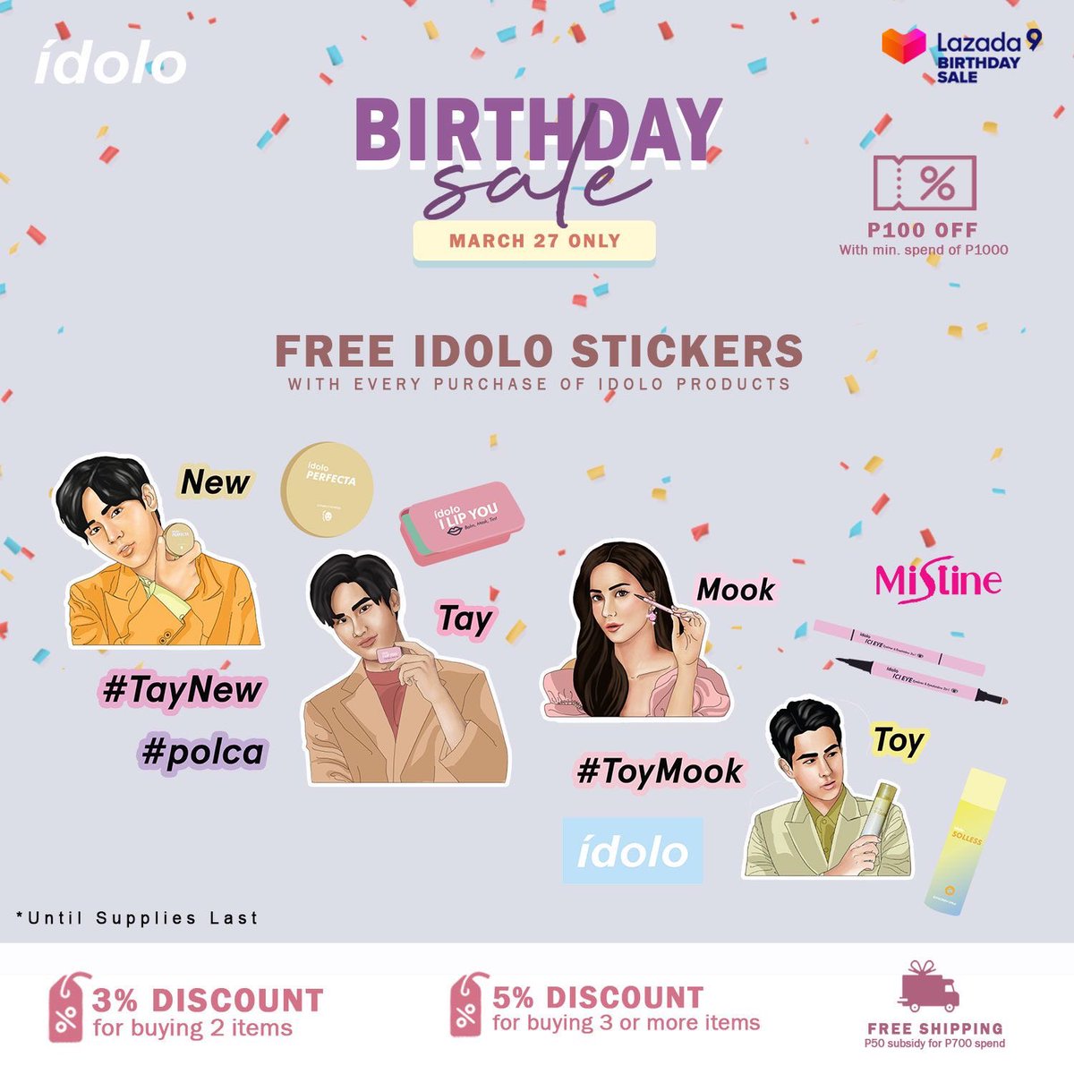 MistinePh's tweet photo. 📣 Celebrate Lazada’s birthday sale with Mistine. ✨ Get up to 40% OFF + FREE idolo stickers FREE idolo stickers with every purchase of idolo products. 😍🛍🛒
Shop now!🛍🛒: https://t.co/35bsONSUSN
#idolo #Mistineph #Lazada9Birthday https://t.co/FHBbn7bh0y