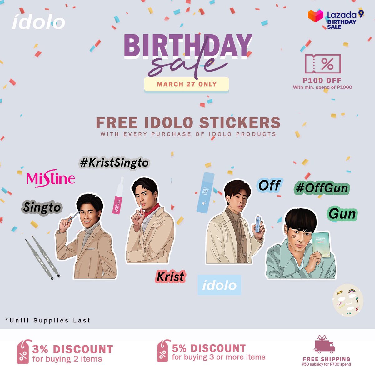 MistinePh's tweet photo. 📣 Celebrate Lazada’s birthday sale with Mistine. ✨ Get up to 40% OFF + FREE idolo stickers FREE idolo stickers with every purchase of idolo products. 😍🛍🛒
Shop now!🛍🛒: https://t.co/35bsONSUSN
#idolo #Mistineph #Lazada9Birthday https://t.co/FHBbn7bh0y