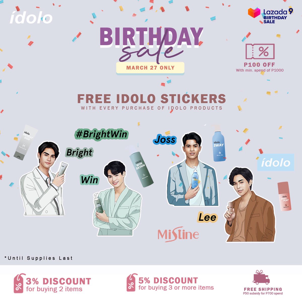 MistinePh's tweet photo. 📣 Celebrate Lazada’s birthday sale with Mistine. ✨ Get up to 40% OFF + FREE idolo stickers FREE idolo stickers with every purchase of idolo products. 😍🛍🛒
Shop now!🛍🛒: https://t.co/35bsONSUSN
#idolo #Mistineph #Lazada9Birthday https://t.co/FHBbn7bh0y