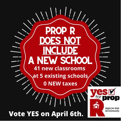Know the facts!  Prop R resolves the overcrowding our schools are facing WITHOUT BUILDING A NEW SCHOOL &amp; WITHOUT RAISING TAXES.
Vote YES on April 6th.