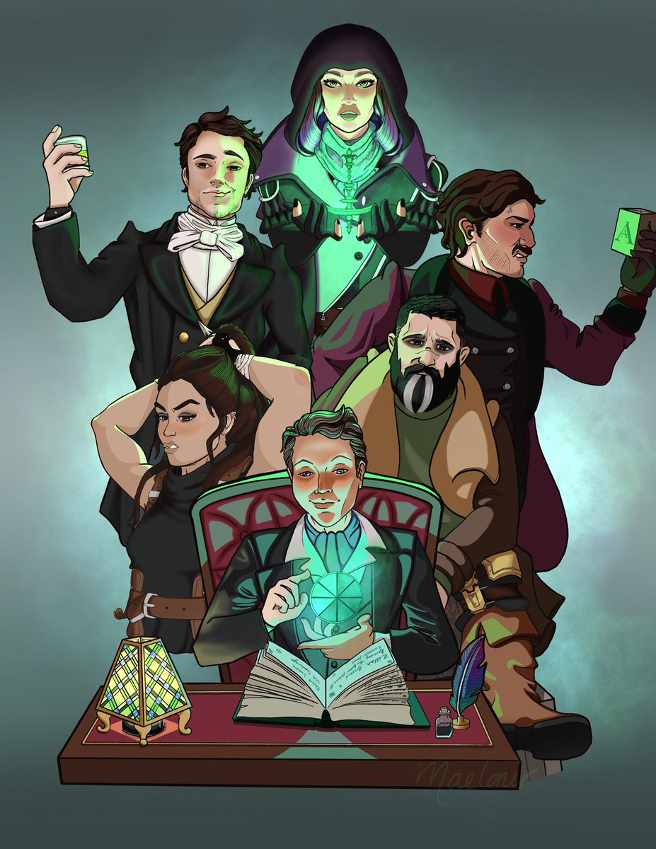 Maelonir's tweet photo. Fan art of the #oxventureinthedark crew. Massive thanks for all the wholesome fun you’ve shared this past year.

Individual portraits below! Hope you enjoy.

(Based on original campaign art by @TheMarvelousMrC)

#oxventure #bladesinthedark #TTRPG #ttrpgfamily  #art #illustration https://t.co/THUk5LEnEt