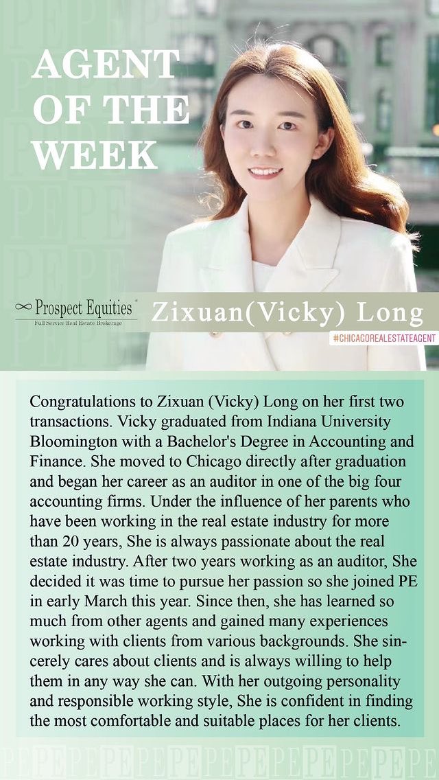 PrEq's tweet photo. Congrats to PE Agent of the Week Zixuan (Vicky) Long on closing her first 2 deals this week @PrEq Prospect Equities®  #Chicago #PE #ProspectEquities #RealEstate #dedication #drive #agent #Producer https://t.co/QxNAuCwZRD