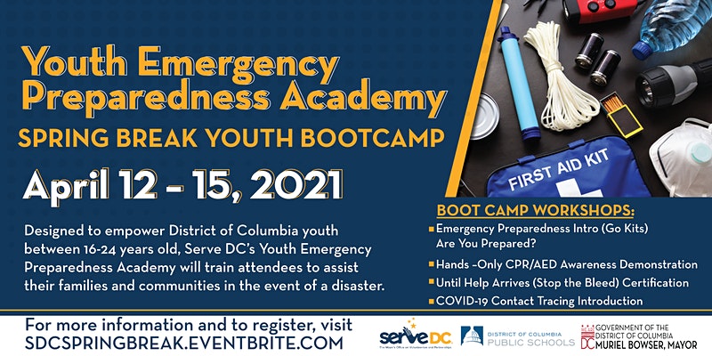 ServeDC's tweet photo. 📢Calling all high school @dcpublicschools students in need of community service hours!📢

Join us for the virtual Youth Emergency Preparedness Spring Break Bootcamp, where students can earn up to 20 community service hours. 

#DoGoodDC and learn more: https://t.co/Yu3M7N6DL7 https://t.co/1eRAOHKqr9